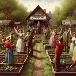 Eine alte Kleingartenanlage mit kleinen Gartenlauben und Gemüsebeeten im Frühling. In der Mitte vers